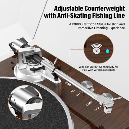 Belt Drive Turntable for Vinyl Record Player,Connect with Bluetooth Speakers or Active Speaker,Built-in Phono Pre-amp,USB Digital Output, Magnetic Cartridge,High-Gloss Wood Design(Brown)
