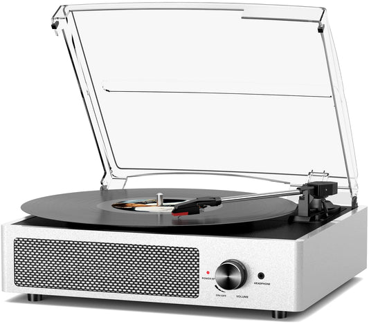Vinyl Record Player with 2 Stereo Speakers Belt-Driven Vintage Turntables 3 Speed 3 Size Wireless Bluetooth Playback AUX-in RCA Out Headphone LP Vinyl Players Auto Stop Pale Silver