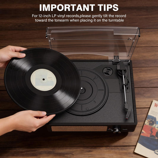 Record Player for Vinyl with 2 Build-in Speakers LP Vinyl Players Belt-Driven Vintage Turntables 3 Speed 3 Size, Wireless Bluetooth Playback, AUX-in, RCA Out, Headphone, Auto Stop Black Wood