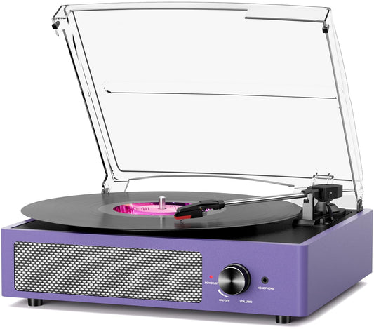cotsoco Vinyl Record Player Bluetooth,Belt-Drive Turntable with Stereo Speakers Vintage Phonograph Vinyl Record Player 3 Speed 3 Size for Home Decoration,Aubergine