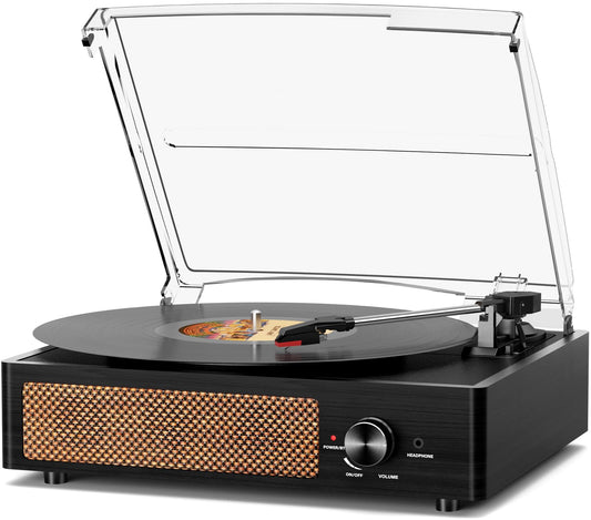Record Player for Vinyl with 2 Build-in Speakers LP Vinyl Players Belt-Driven Vintage Turntables 3 Speed 3 Size, Wireless Bluetooth Playback, AUX-in, RCA Out, Headphone, Auto Stop Black Wood